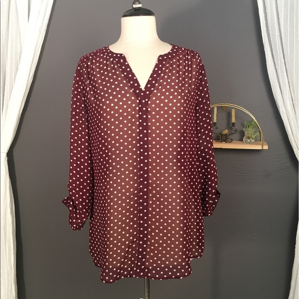 LOFT Anne Taylor Maroon & White Polka Dot Blouse